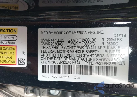 2018 Honda Accord Sport 2.0T z USA, uszkodzony, nr VIN 1HGCV2F32JA014703